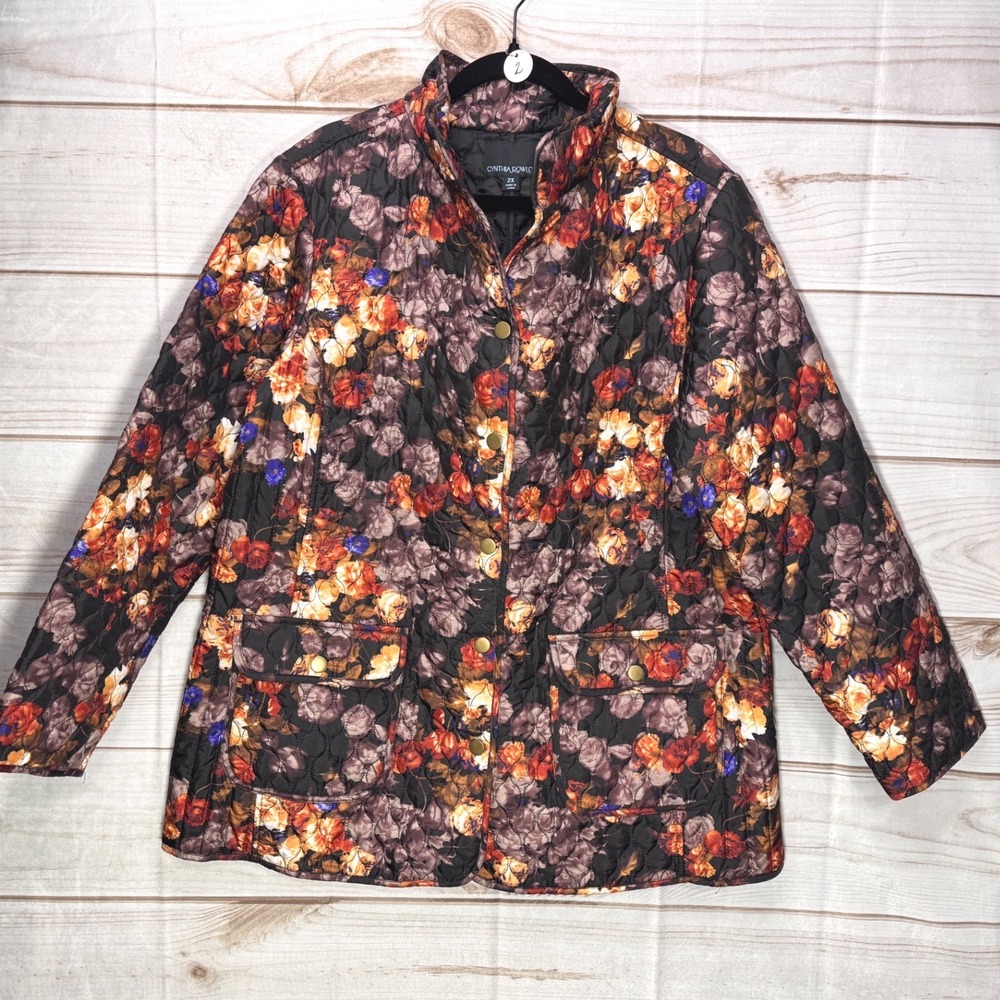 Cynthia Rowley Floral Quilted Jacket 2X Black Orange Snap Front‎ Mock Neck Coat